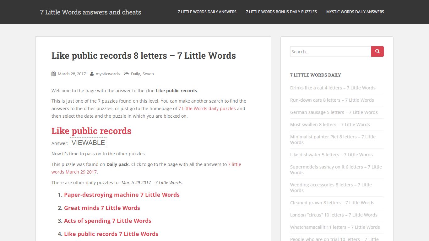 Like public records 8 letters - 7 Little Words